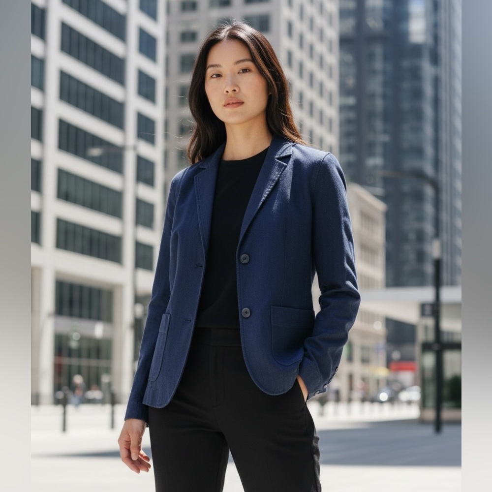 Eileen Fisher 100% Organic Cotton Blazer Jacket Blue Coastal Grandma Minimalist